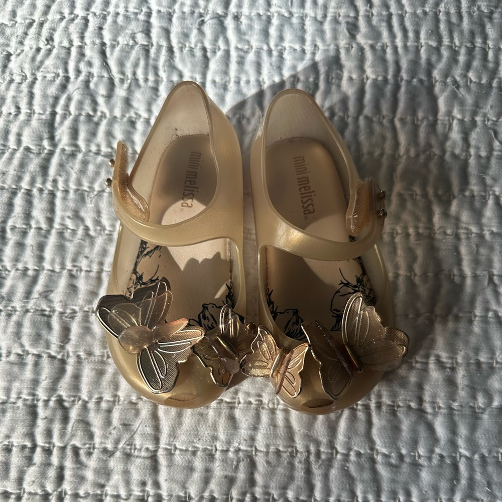Mini Melissa Gold Jelly Mary Jane Shoes with Butterfly Accents